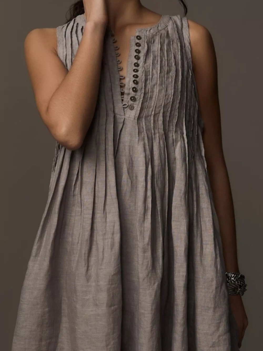 Anthropologie UNHEMMED Sleeveless Pleated Mini Dress in Taupe - Picture 6 of 7